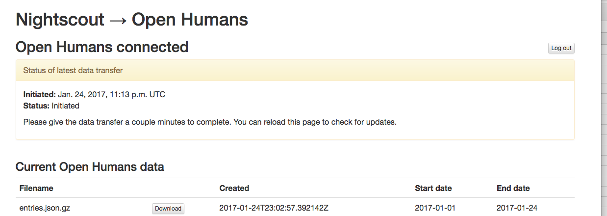 example of OpenHumans screen in the Nightscout Data Transfer app