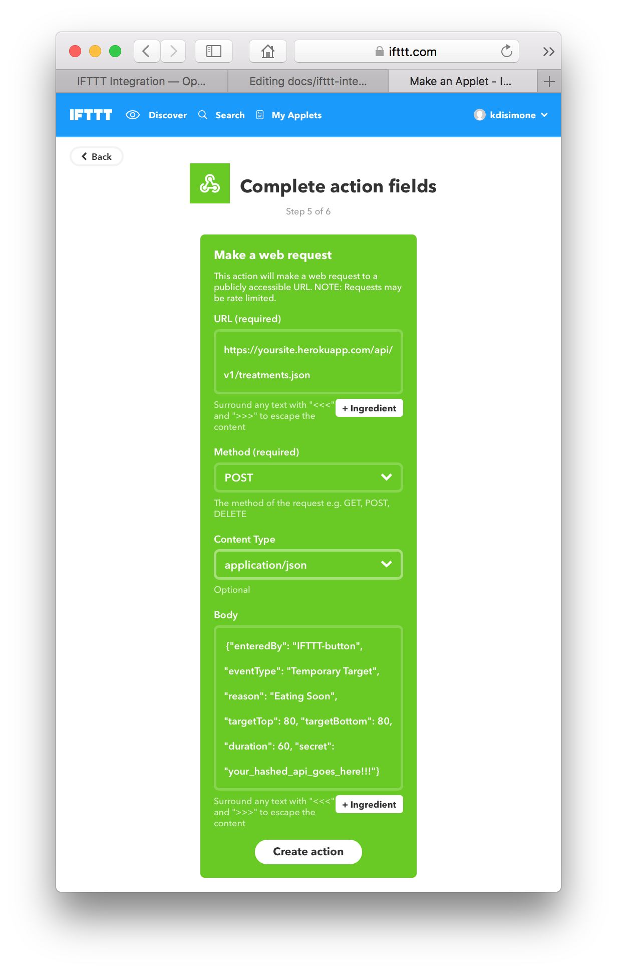 IFTTT action fields