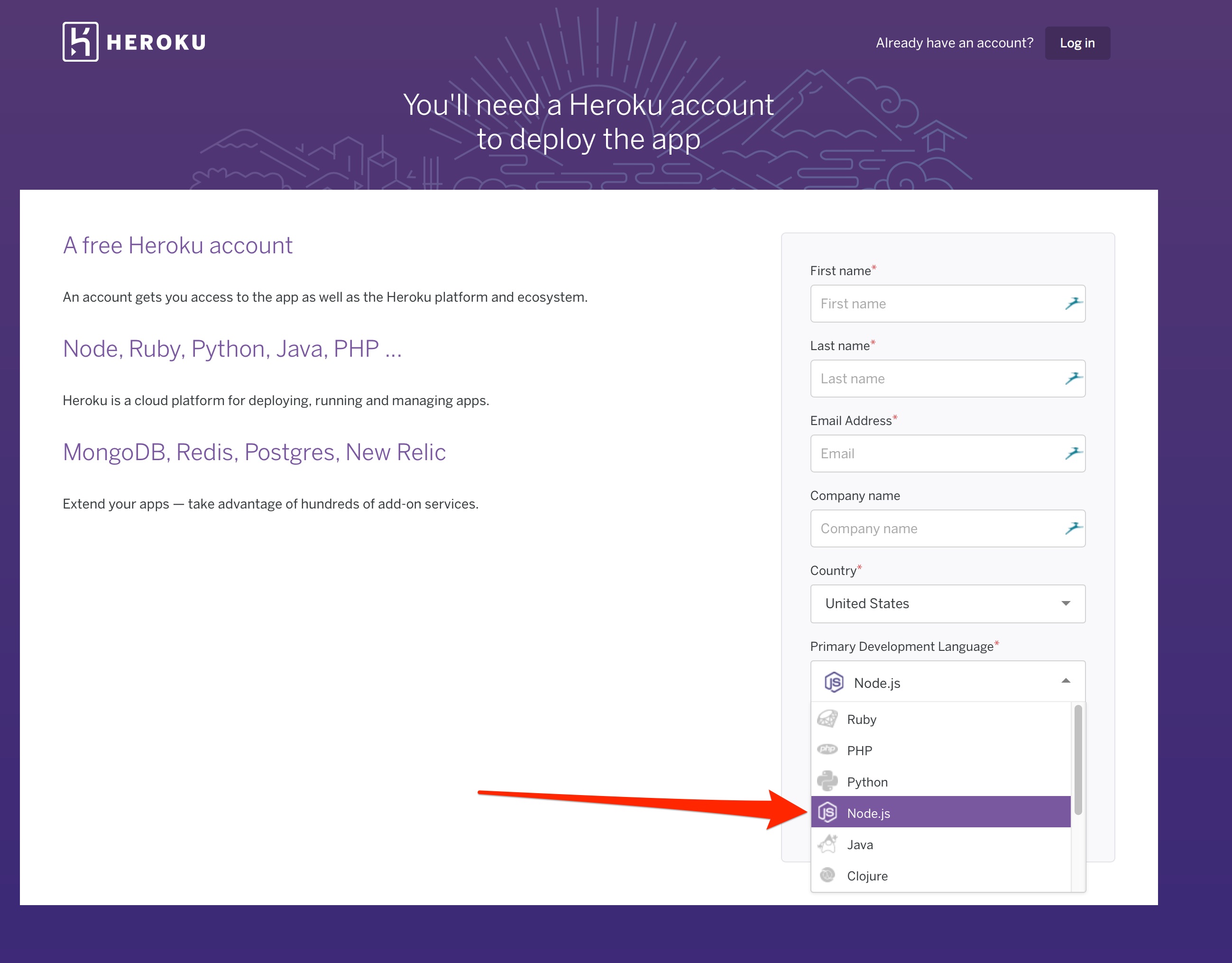 Heroku signup example