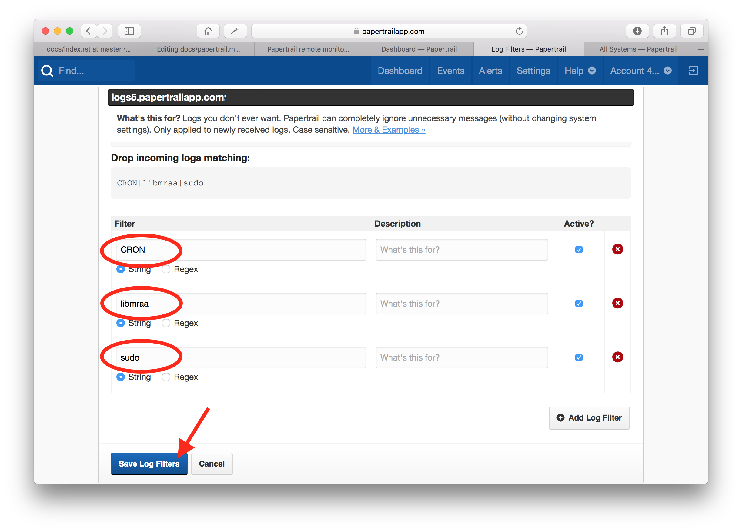 papertrail log filters