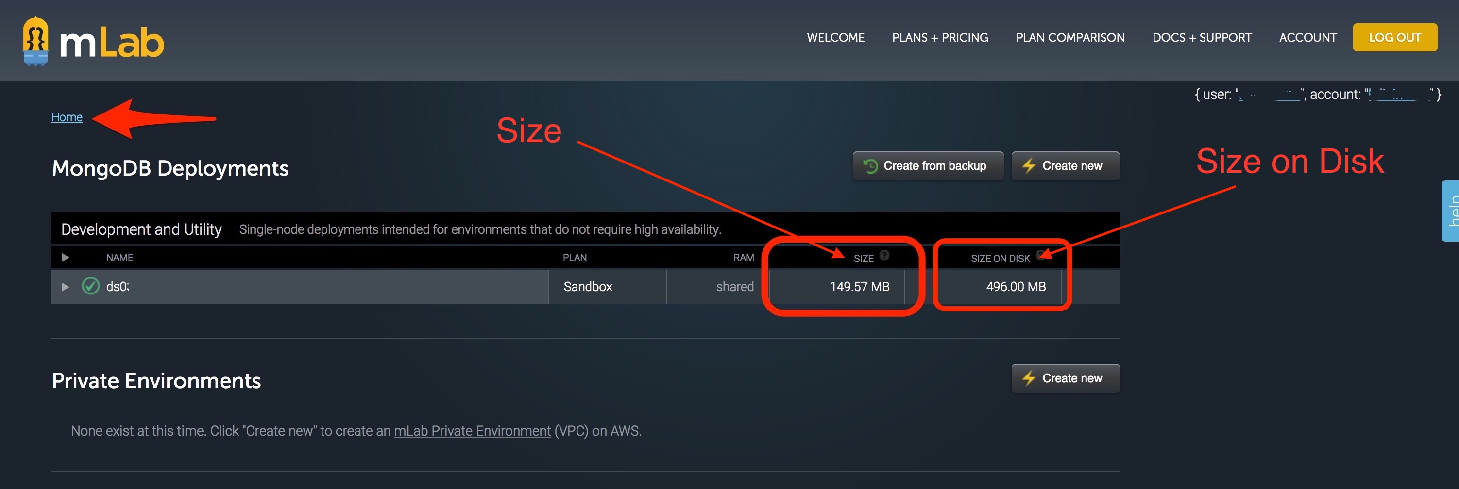 mLab database sizes