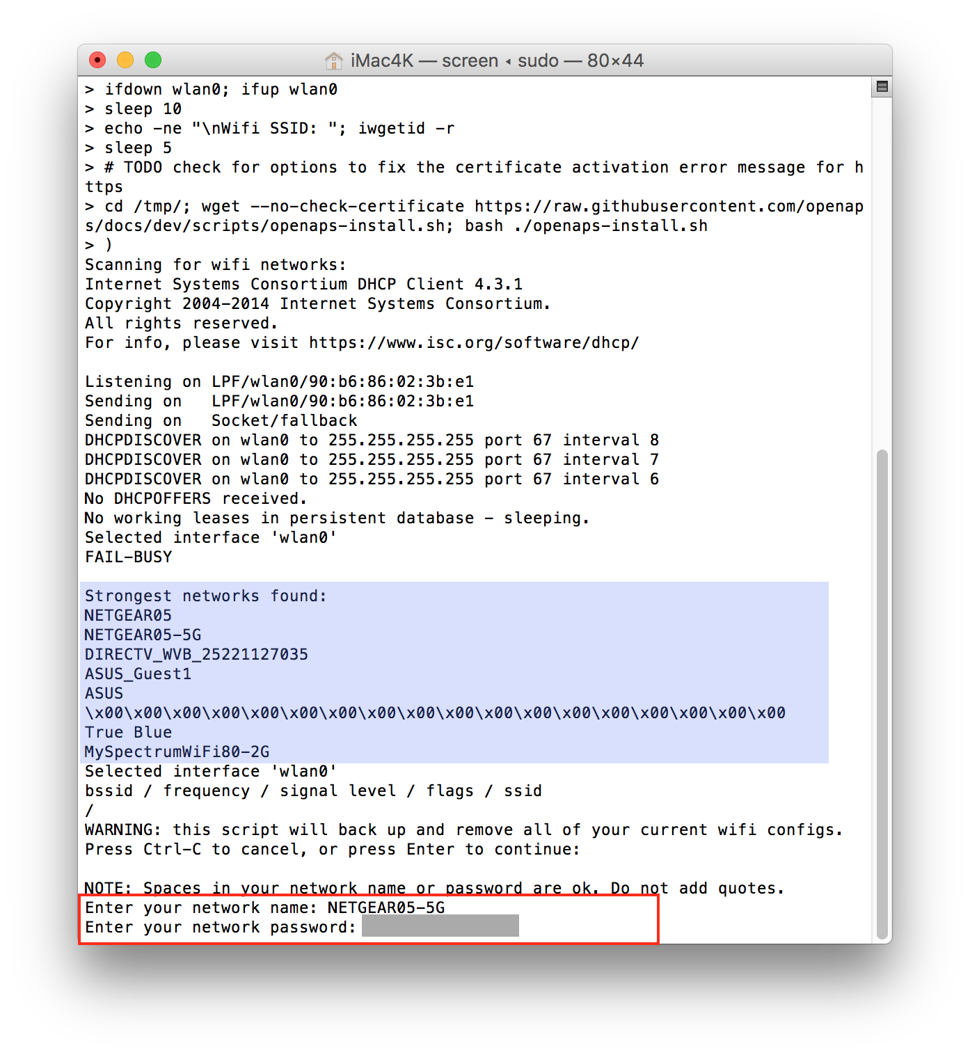Example of wifi bootstrap script finding wifi options