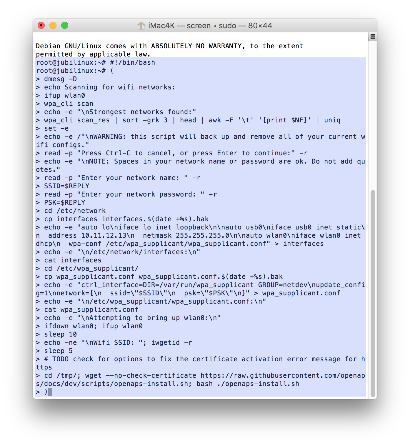 Example of wifi bootstrap script finding wifi options
